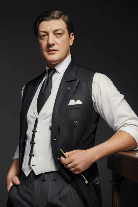 ((Best Quality, masterpiece)) England, 1924. A 40-year-old man ((young Stephen Fry portraying Jeeves)), full-figured, thick, handsome, crooked nose, beautifully clear eyes, ((intelligent expression, soft romantic expression)). ((((clothing is butlers garb ...