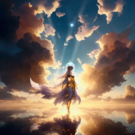 A majestic anime character, exuding an ethereal aura, stands gracefully in the center, embodying a sense of divine power. The figure is enveloped in a soft, golden light that glows with a warm radiance, casting delicate beams across the scene. Their long, ...