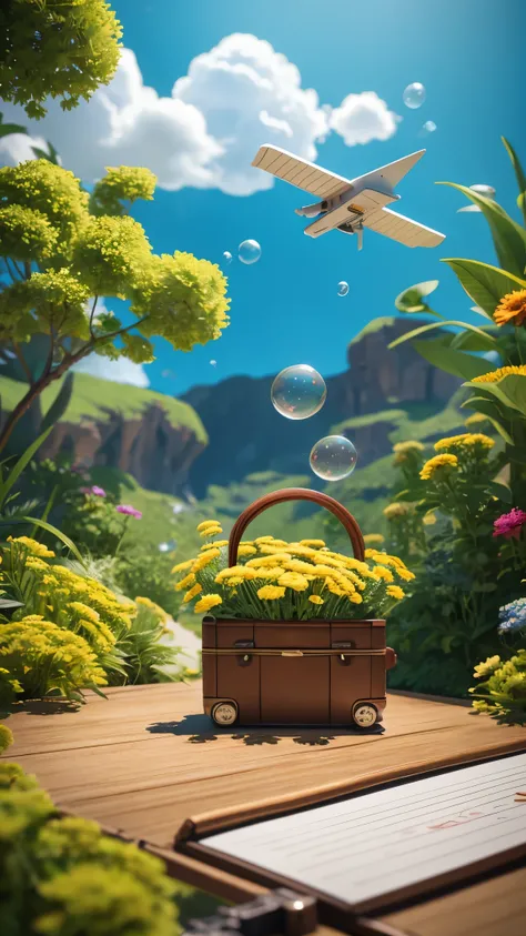 There is a straw hat on the suitcase, cloud, atmosphere, leaf, Floating Chrysanthemums, Paper Airplane, (Miniature: 1.2), 2.5D illustration, 3D rendering3Dモデリング, Bubble Mat, Behans 3D Art Trends, Behans 3D Art Trends, 3D illustration, 3D illustration, 3D i...