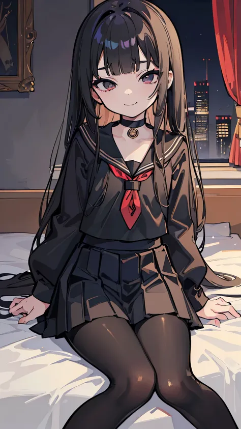 ((masterpiece、Best Quality、Very detailed))、One girl、Black Hair、Long Hair、blunt bangs、Grey Eyes、evil smile、Small breasts、((Black Sailor Suit))、Long sleeve、((Black pleated skirt))、((black pantyhose))、wariza、Sit flat、On the bed、Bedroom Background