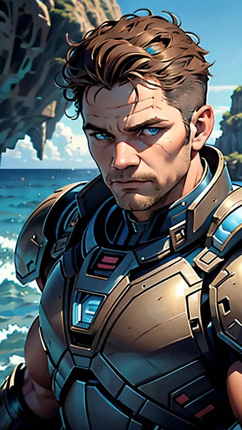 Close-up of a strong man, 30 years, light brown hair, natural blue eyes, serious expression, dressed in alien armor, floating boots, Terrain background of an ocean planet.