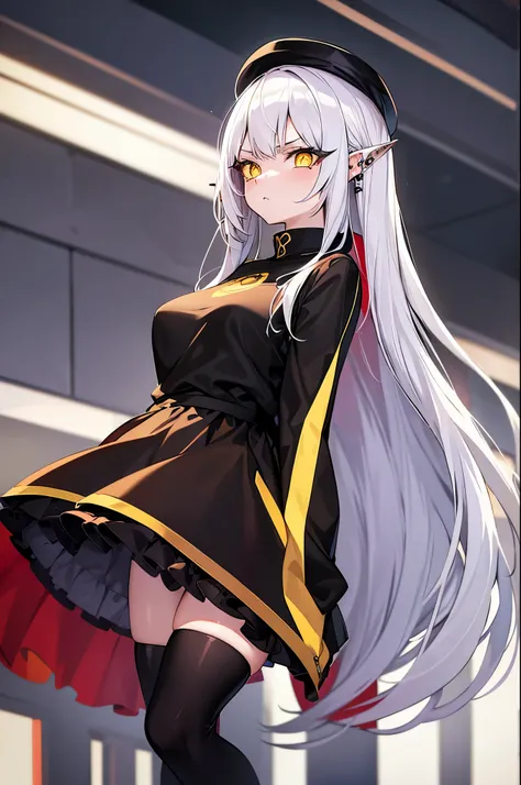  anime girl, yellow eyes, cold expression, piercing gaze, large eyelashes, long white hair, dressed in black long stockings, red skirt, brown boots, black long-sleeved t-shirt, with ear piercing