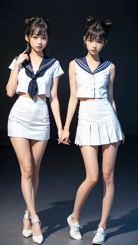 Twins, two high school girls, Long legs, thin thighs, ((Sailor suits and miniskirts:1.3)), ((The body of a 1 beautiful girl:1.3)), ((Hair, Smooth and shiny hair)), (Twin bun hairstyle:1.4), (Long side bangs), (Beautiful Skin:1.2), (Slender body line), , de...