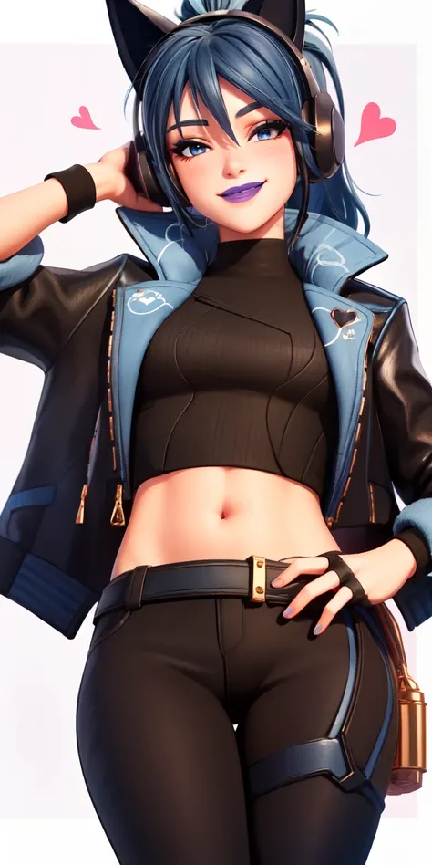 1girl,blue hair, ponytail, blue eyes, eyeshadow, (blush:1.1),upper body, heart,(speed lines:1.1), heart, black jacket, jacket crop top, navel cat ears headphones, black crop top, purple lips, smile, looking at viewer, facing viewer, wink