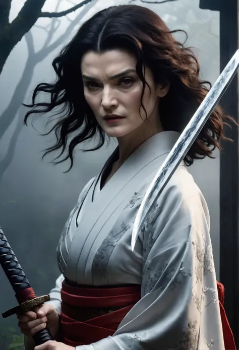 the enigmatic samurai woman (rachel weisz) wielding a long japanese sword, splitting with each powerful slash、enveloped in the m...