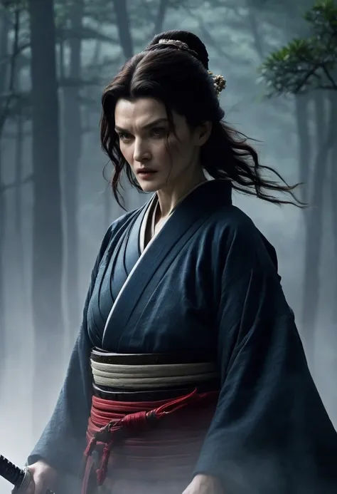 the enigmatic samurai woman (rachel weisz) wielding a long japanese sword, splitting with each powerful slash、enveloped in the m...