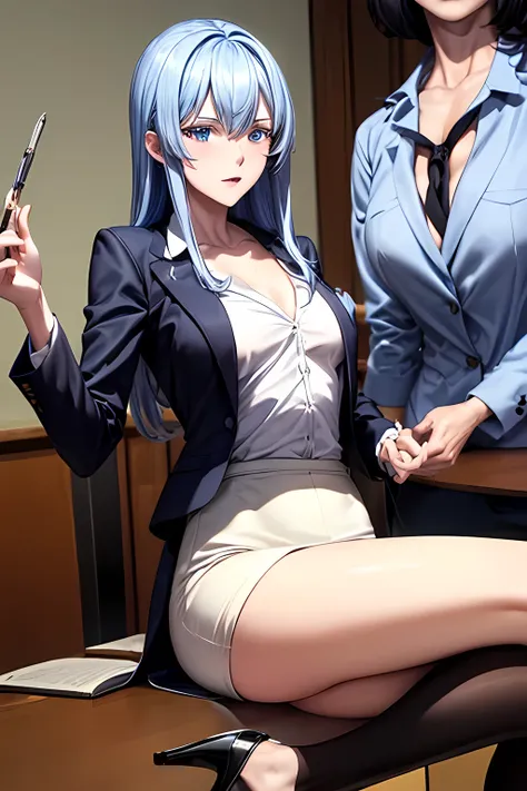 masterpiece,office,blue hair、,black jacket,white shirt,the chest is exposed,spread your legs,m-foot:1.6,job hunting suit:1.5,ahe...