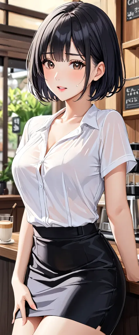 1 female、One person、Beautiful black hair、Short Hair、(White blouse)、(Pencil Skirt)、（simple）、Beautiful breasts、Front、Sweating、((Simple))、(Cafe)