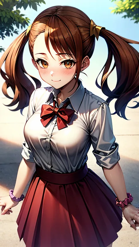 （（super high quality,））（（Ultra-high resolution,））（16k,）（super masterpiece,）（（Ultra HD ,））（Detailed shading,）One high school girl,Twin tails,A white dress shirt with the third button undone,Folded sleeves,A pink scrunchie on one arm,Red bow tie,Red Skirt,Na...