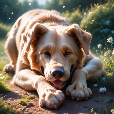 wide shot of a man lying on the ground, eyes closed as if in peaceful sleep. his loyal dog, a medium-sized golden retriever with...