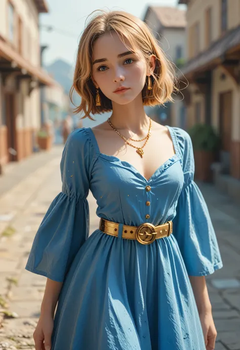 Alafecan in a blue dress with a gold belt and necklace, Character 3D rendering 8k, Trending on cgstation, Art Station's Cheng Wei Pun, Inspired by Run In, 8k art germany bokeh, High quality and detailed 8K graphics, deviantart artstation cgscosiety, cg...