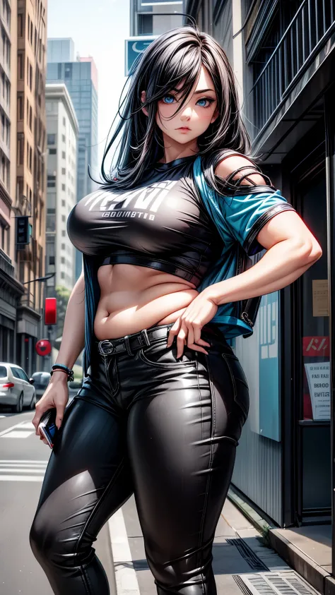 Adult female, curvy thick body, DD size breasts, dark BLACK hair, shoulder length hair, dark BLACK hair in a shoulder length hairstyle, light cyan blue eyes, mature looking face, very beautiful, intimidating looking, loose top, pants, punk style clothes, p...