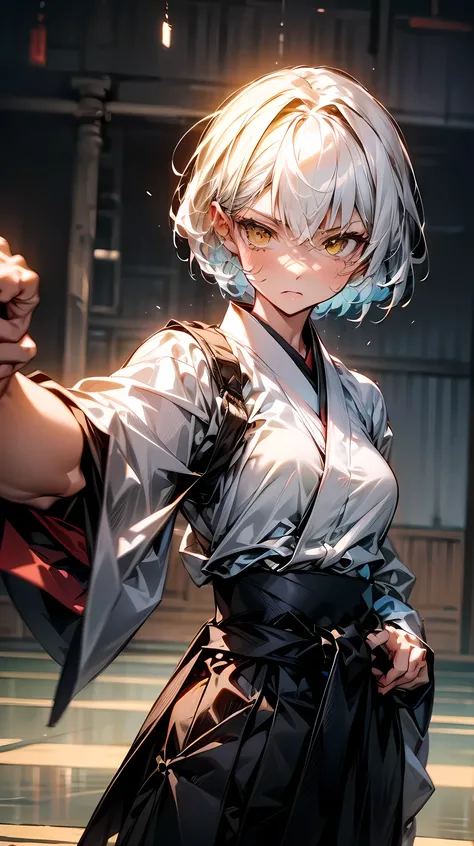 A karate fighter girl, 1. She has short white hair, and intense yellow eyes. She is wearing a white Kimono with black Japanese writings., a black belt around the waist and white kimono pants. She is in a modern Japanese fighting gym. (((SFNW blocked)))