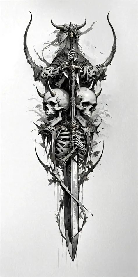 touch, skeletons, a sword, skull, white background, horns