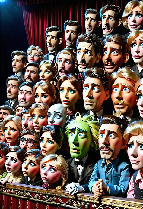 one person controlling 20 puppets at once, the puppets are lying with sad and terrified expressions, they are on a theater stage...