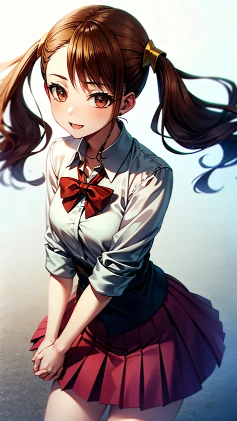 （（super high quality,））（（Ultra-high resolution,））（16k,）（super masterpiece,）（（Ultra HD ,））（Detailed shading,）One high school girl,Twin tails,White dress shirt,Red bow tie,Folded sleeves,A pink scrunchie on one arm,Place your hands together in front of you,R...