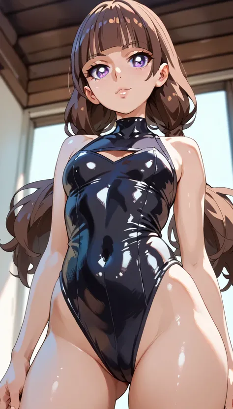 Girl with Brown hair, blunt bangs, long hair, low twintails, purple eyes.  Wearing a Black Leotard.  standing on top of the viewer . Seductive expression on her face.   Looking down at the viewer.  