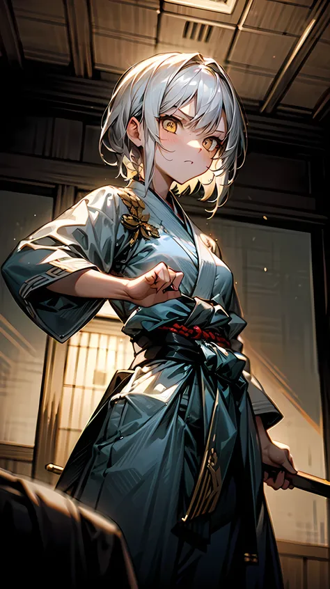 1 girl, jiu-jitsu fighter. short white hair, yellow eyes, shiny silver jiu-jitsu kimono, with a black belt around the waist, confident pose, clenched fist, standing in a martial arts dojo, looking determined, indoor environment with traditional decoration,...