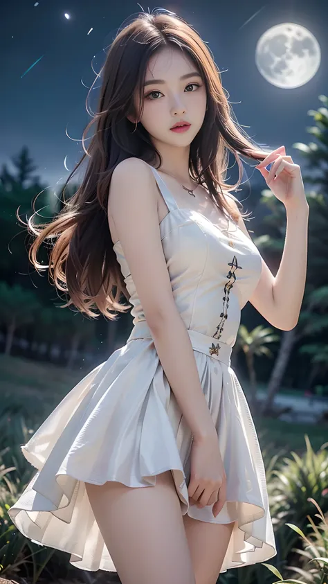 ulzzang-6500-v1.1, (RAW photo: 1.2), (Real photo), (Real photo: 1.4), 1 girl、Perfect anatomy、1、Looking at the camera、Medium length hair、white dance dress, on the pine hill at night, with stars and moon, ((on the pine hill at night: 1.1))、(Business service)...