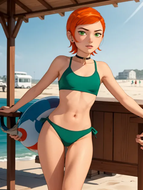 Gwen Tennyson. ginger. short hair. green eyes. small sagging breasts. big hips. slim body. choker. swimsuit. beach. bar