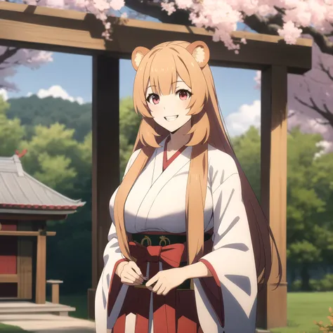 raphtalia. , bear ears, red eyes, big breasts,, blonde hair with red tips, smile showing teeth,  dressed as a shrine maiden. [la...