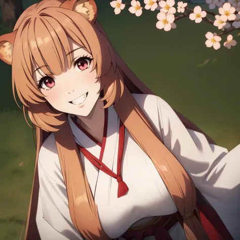 raphtalia. , bear ears, red eyes, big breasts,, BLONDE HAIR WITH RED TIPS, smile showing teeth,  dressed as a shrine maiden. big chest, cherry tree background.