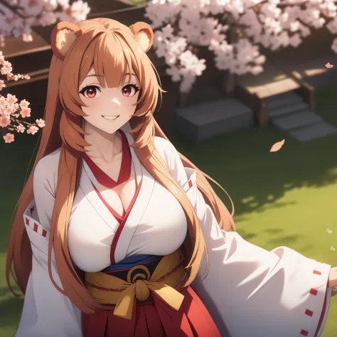 raphtalia. , bear ears, red eyes, big breasts,, BLONDE HAIR WITH RED TIPS, smile showing teeth,  dressed as a shrine maiden. big chest, cherry tree background.