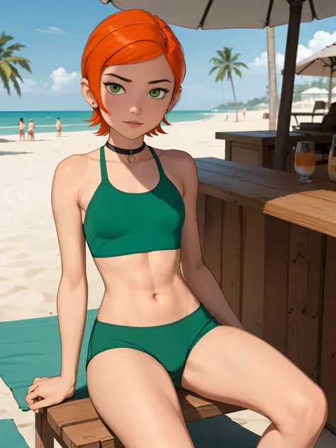 Gwen Tennyson. 1girl. ginger. short hair. green eyes. small sagging breasts. big hips. slim body. choker. swimsuit. shorts. beach. bar. sitting.