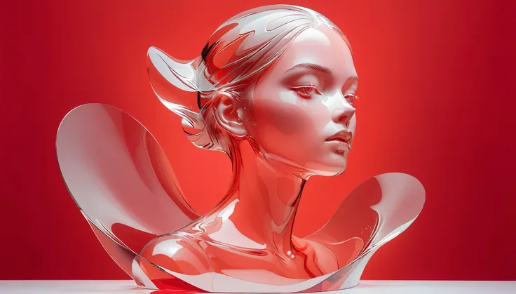 Transparent Portrait Sculpture，Illuminate the edges，Red background，Minimal Art