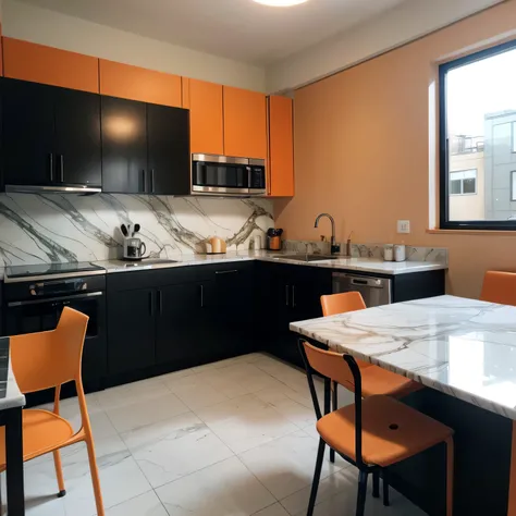 KITCHEN. Modern fashionable furniture, steel refrigerator, black color, popular dishwasher, microwave oven, mixer and coffee maker. all in light orange colors, soft light, walls with elements of marble. in the middle of the kitchen dining table with 4 mode...