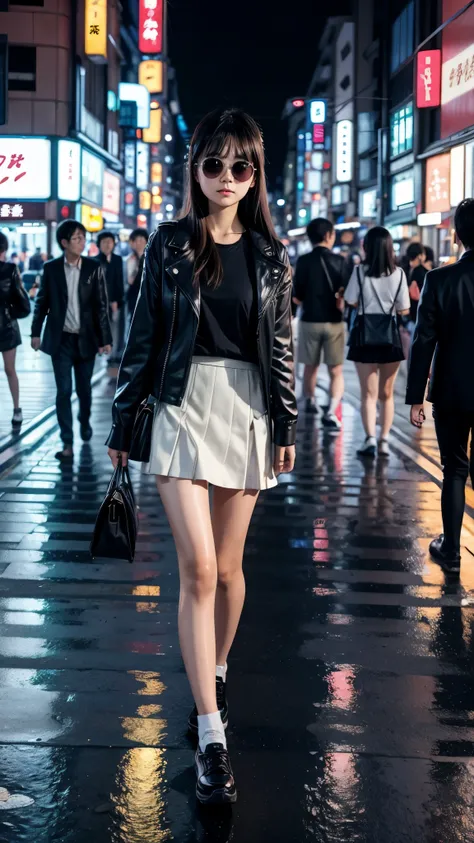 Japanese girl in a short skirt, sunglasses walking through the night city of Tokyo. a lot of neon, the city after the rain. there are passers-by and traffic cars