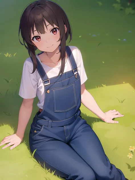 masterpiece, above, short hair, long locks, megumin smile at camera, wear a dungarees short, sitting on grass, soft shadow, day light, simple background