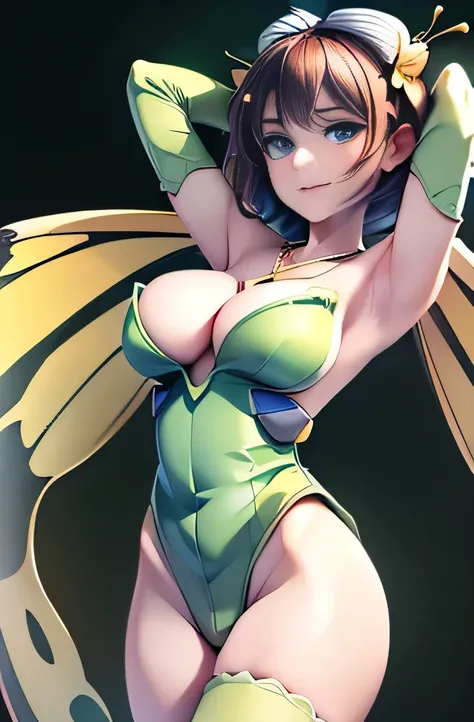  ((masterpiece,Best Quality,Very delicate,Perfect Face,16k,High resolution,Very beautiful woman)),she has large yellow butterfly wings on the head,Brown medium short hair,Two black oval hair ornaments:1.2,Green leotard,Green long boots ,Green long sleeve g...