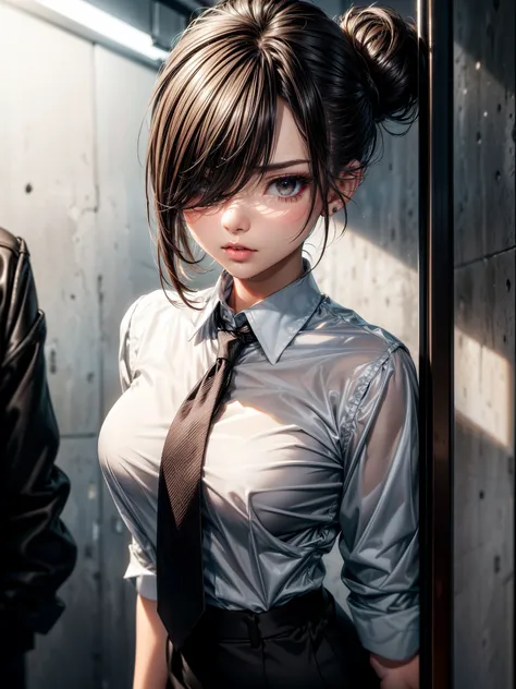 8k high quality, cute 18 year-old girl, slender build, ((black-brown hair)), (short hair), ((hair over one eye)), (hair bun), dark eyes, long eyelashes, eyeshadow, reflective skin, moist shiny lips, serious expression, (white office shirt), (long black nec...