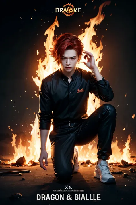 Design me a poster 9933 x 14043 pixel with name fire-dark and a character with dragon ball theme with red hair and eyes white shirt and black sleeves and black pants and white shoes 