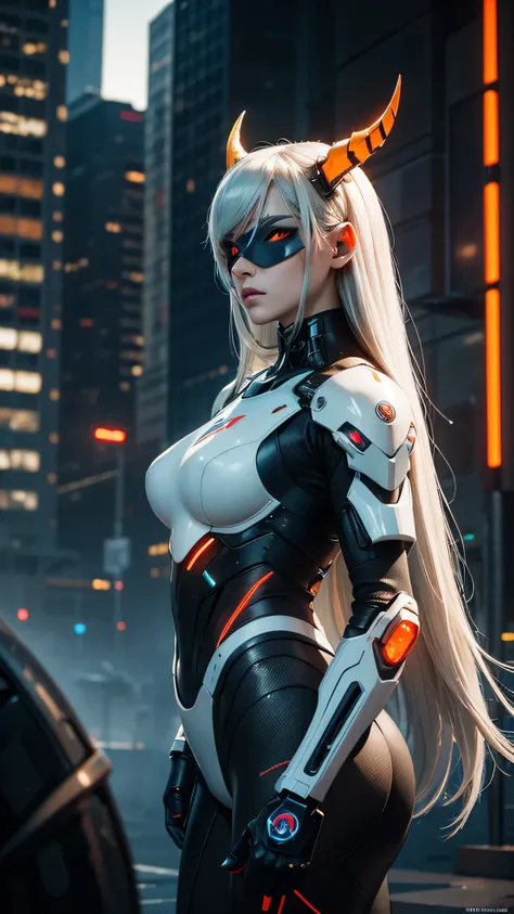 1girl, a beautiful girl cyborg cyberpunk with a cyberpunk city tall buildings, white hair, cybermask, white and orange and black machine suit color combination, the body full of machine, realistic futuristic hologram, asian skin tone, beautiful eye, beauti...