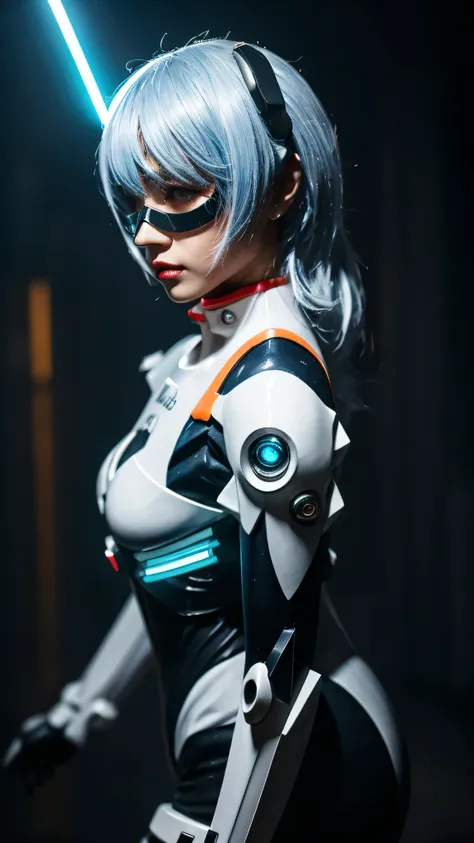 1girl, a beautiful girl cyborg cyberpunk with a cyberpunk city tall buildings, white hair, cybermask, white and orange and black...