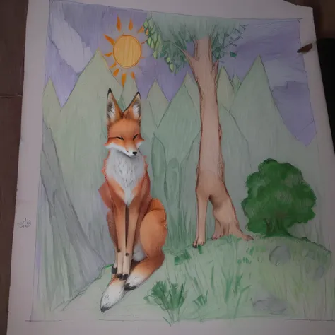 drawing of a fox and a tree with a sun in the background, inspired by Franz Marc, ethereal fox, an anthropomorphic fox, anthropomorphic fox, a color pencil sketch, beginner art, an anthro fox, whimsical fox, inspired by Rufino Tamayo, inspired by Emily Car...