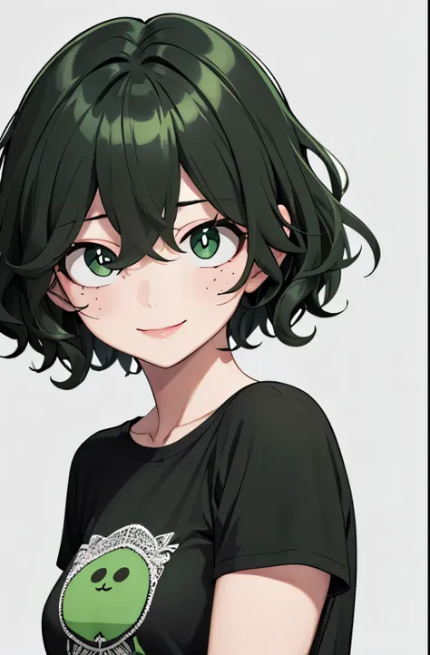 (masterpiece), best quality, expressive eyes, perfect face, solo, 
short hair, wavy hair, hair over one eye,  hair, green eyes, flat chest, black t-shirt, seductive smile, short sleeves, portrait,Hair color is lime green, Wavy Hair, medium breasts, 


