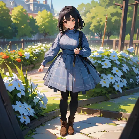 (high quality, High resolution, Very detailed, reality:1.37), Peaceful atmosphere, (Outdoor, garden), Teenage girl standing alone, (My breasts are large.), Beautiful details, Cute Smile, (Black bob hair), Ribbed sweater, Blue plaid skirt, Black tights, Bro...