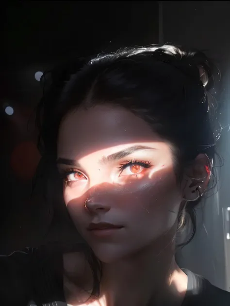 there is a woman with a black shirt and a red light on her face, intense sunlight, light falling on face, face is brightly lit, selfie of a young woman, piercing glare in the eyes, lights beaming out of eyes, spotlight in middle of face, catchlight in the ...