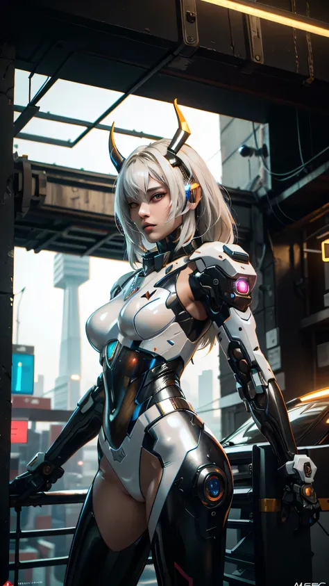 1girl, a beautiful girl cyborg cyberpunk with a cyberpunk city tall buildings, white hair, cybermask, white and orange and black...