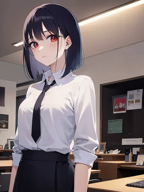 (night:1.5), sexy, Upper Body, (pale skin:1.2), shiny skin, shiny hair、(A 40-year-old woman) and (bob cut) and (wavy hair) and (hair between eyes) and (black hair) and (red eyes), white collared shirt、Serious expression, The background is an office interio...