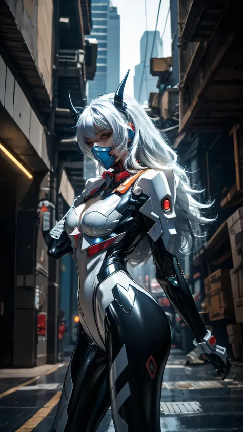 1girl, a beautiful girl cyborg cyberpunk with a cyberpunk city tall buildings, white hair, cybermask, white and orange and black...