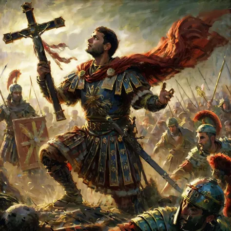 a close up of a man in armor holding a cross, caesar victorious, roman legionnaire, inspired by Roman Bezpalkiv, roman centurion, by Pogus Caesar, sneering roman legioneer, fall of rome, by Roman Bezpalkiv, holy crusader medieval, maximus jacobs, roman emp...