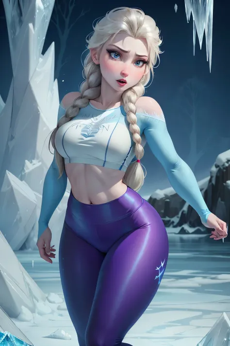 elsa the frozen, gymwear leggings, perfect body, seductive expression, in a place with ice, high resolution, super detail, 8k, v...