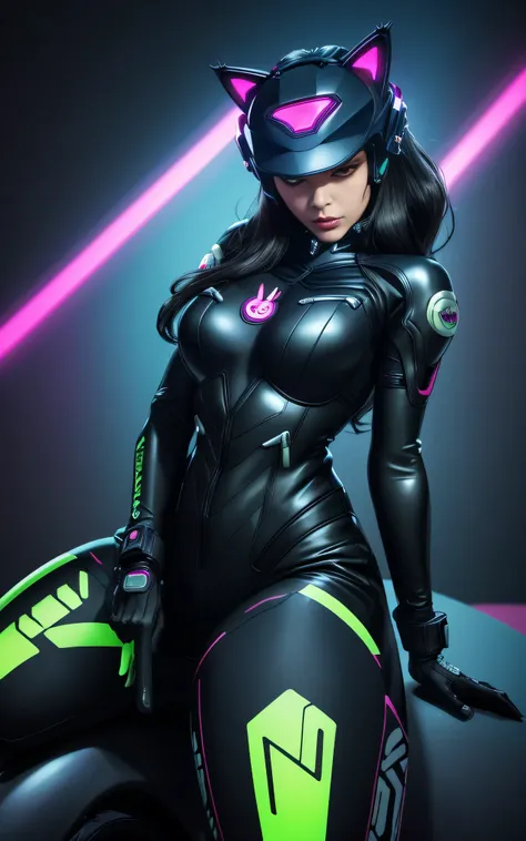 Image 16k, Great [Catwoman | Catwomen], black tight leather biker suit on the body, biker costume, biker gloves, (big breastes), (slim athletic body), futuristic (All closed cyber helmet) with big cat ears, faceoff, ciberpunk, lascivious, enticing, Tilting...