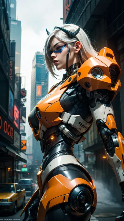 1girl, a beautiful girl cyborg cyberpunk with a cyberpunk city tall buildings, white hair, cybermask, white and orange and black machine suit color combination, the body full of machine, realistic futuristic hologram, asian skin tone, beautiful eye, beauti...