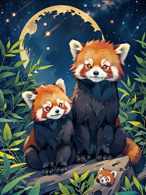 a close up of a red panda sitting on a hill under a starry sky in a bamboo forest, vector art by kubisi art, tumblr, stars in he...