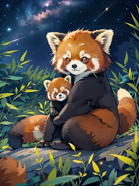 a close up of a red panda sitting on a hill under a starry sky in a bamboo forest, vector art by kubisi art, tumblr, stars in he...